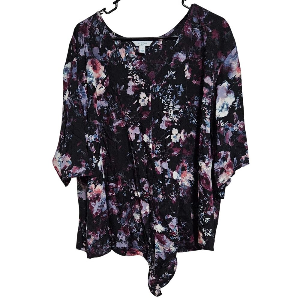 Boutique Plus Floral Blouse Womens Size 1X Black Purple Flowy 3/4 Sleeve Top
